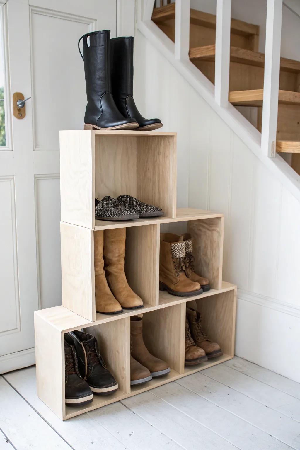 Reconfigure this stackable cubby boot rack—tall and ankle boots each get a perfect slot.