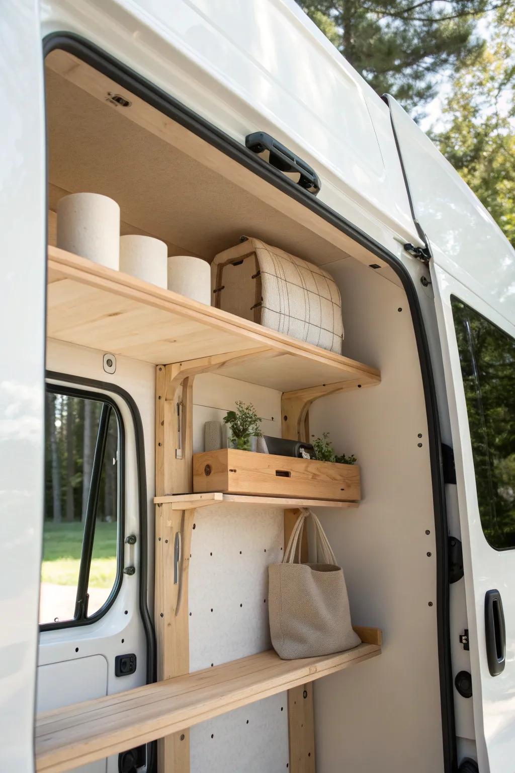Shallow top shelves keep a box truck airy—perfect for paper goods, tape, and soft bags.