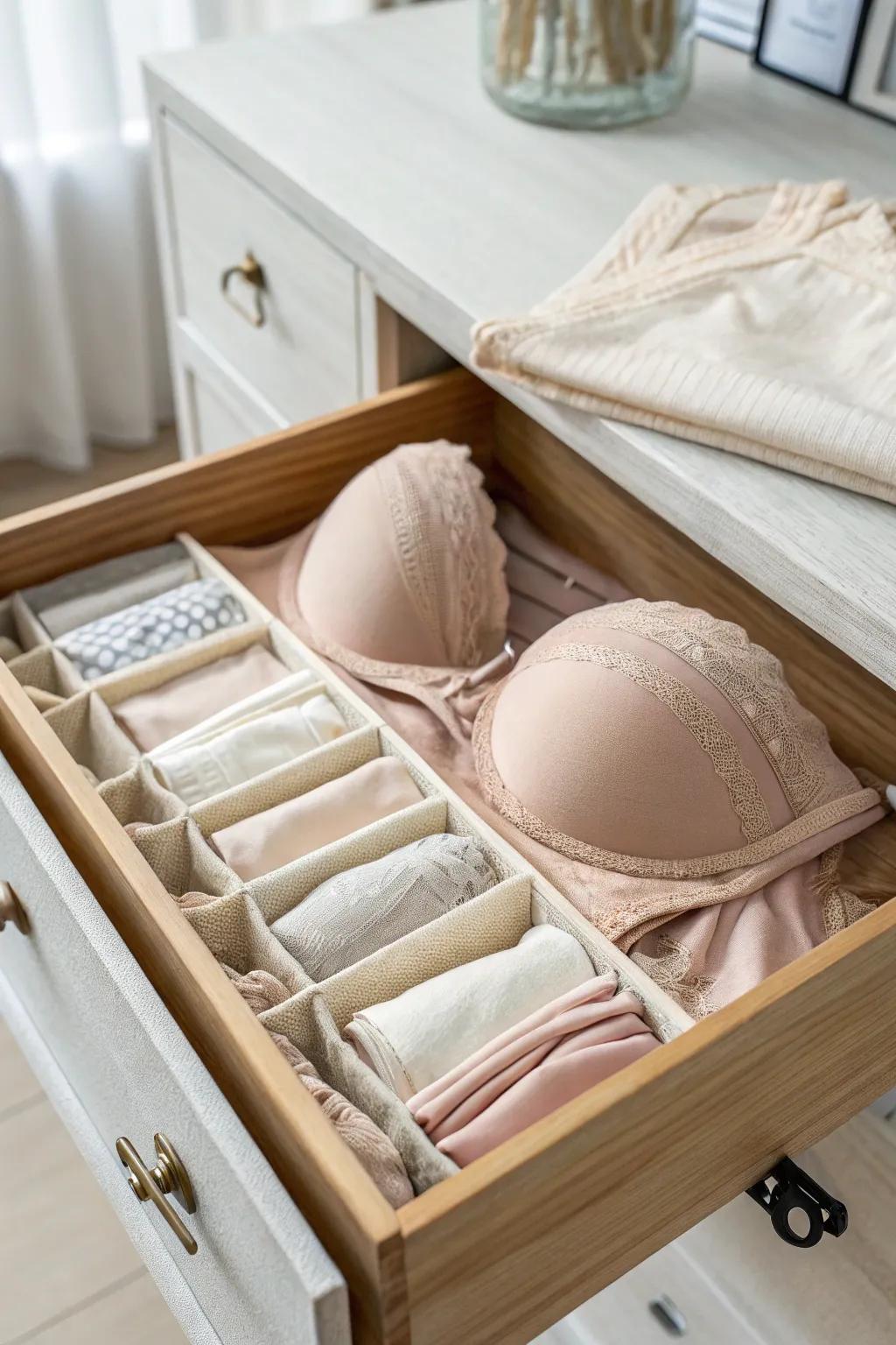 Sort bras by type, then by color—one drawer, zero rummaging, and cups stay perfectly shaped.