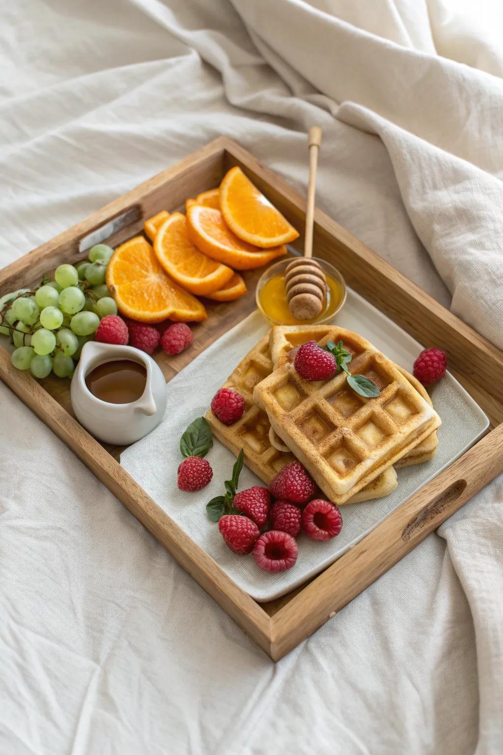 Golden waffles on a handcrafted tray, packed with oranges and grapes plus a honey drizzle.