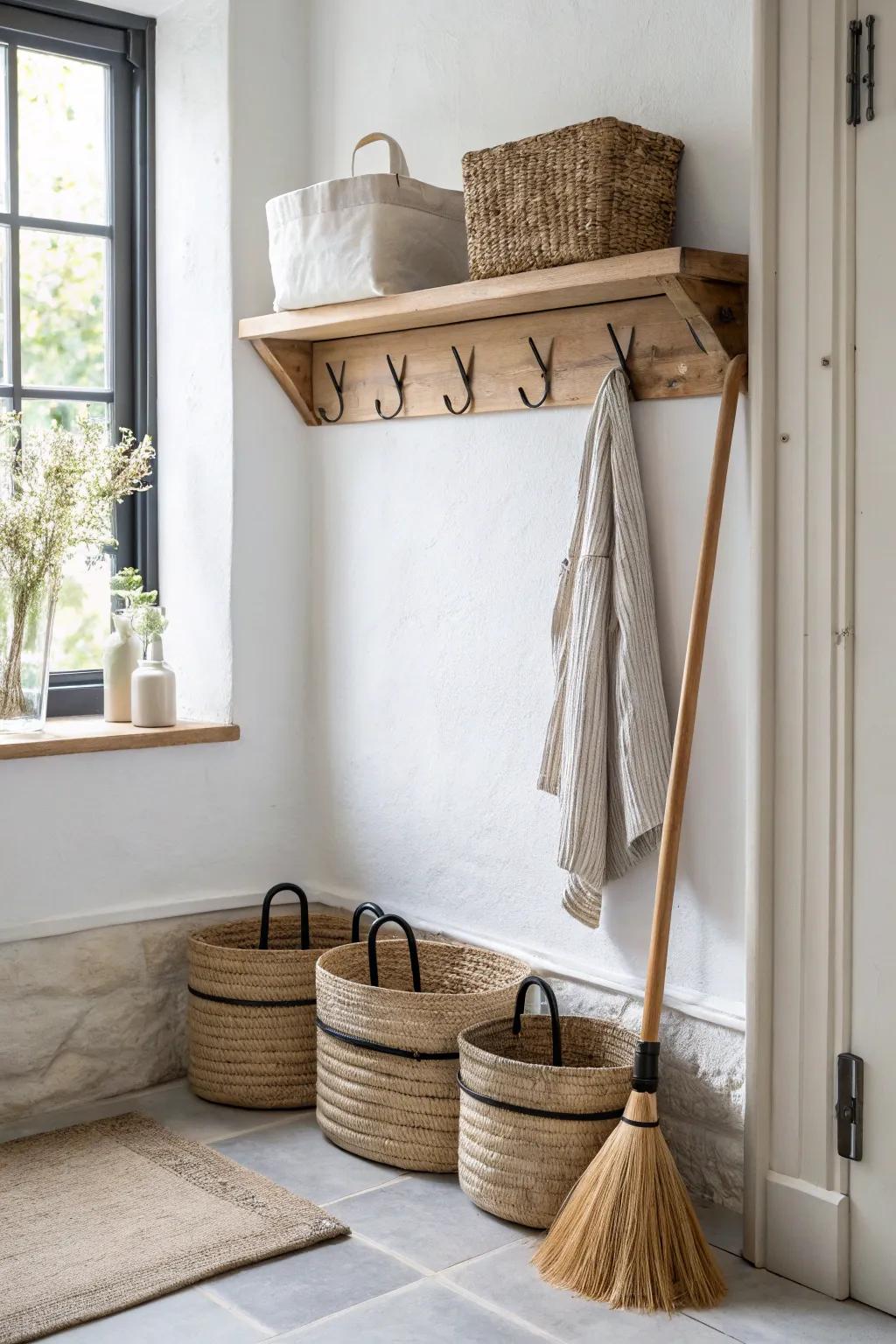 Shelf + hooks combo: brooms and mops look intentional, with bins above for cloths.