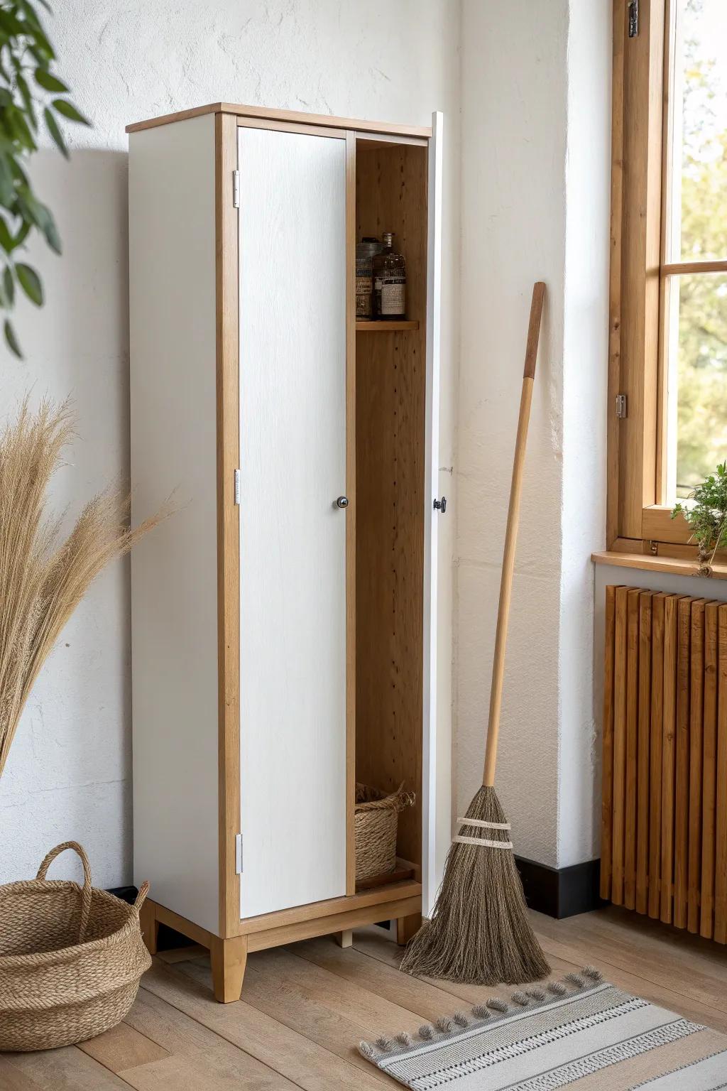 A tall, narrow cabinet that hides broom clutter and looks like chic hallway furniture.