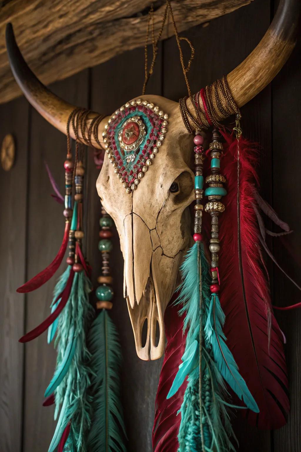 Transform your space with the rustic charm of feather and bead embellishments on a buffalo skull.