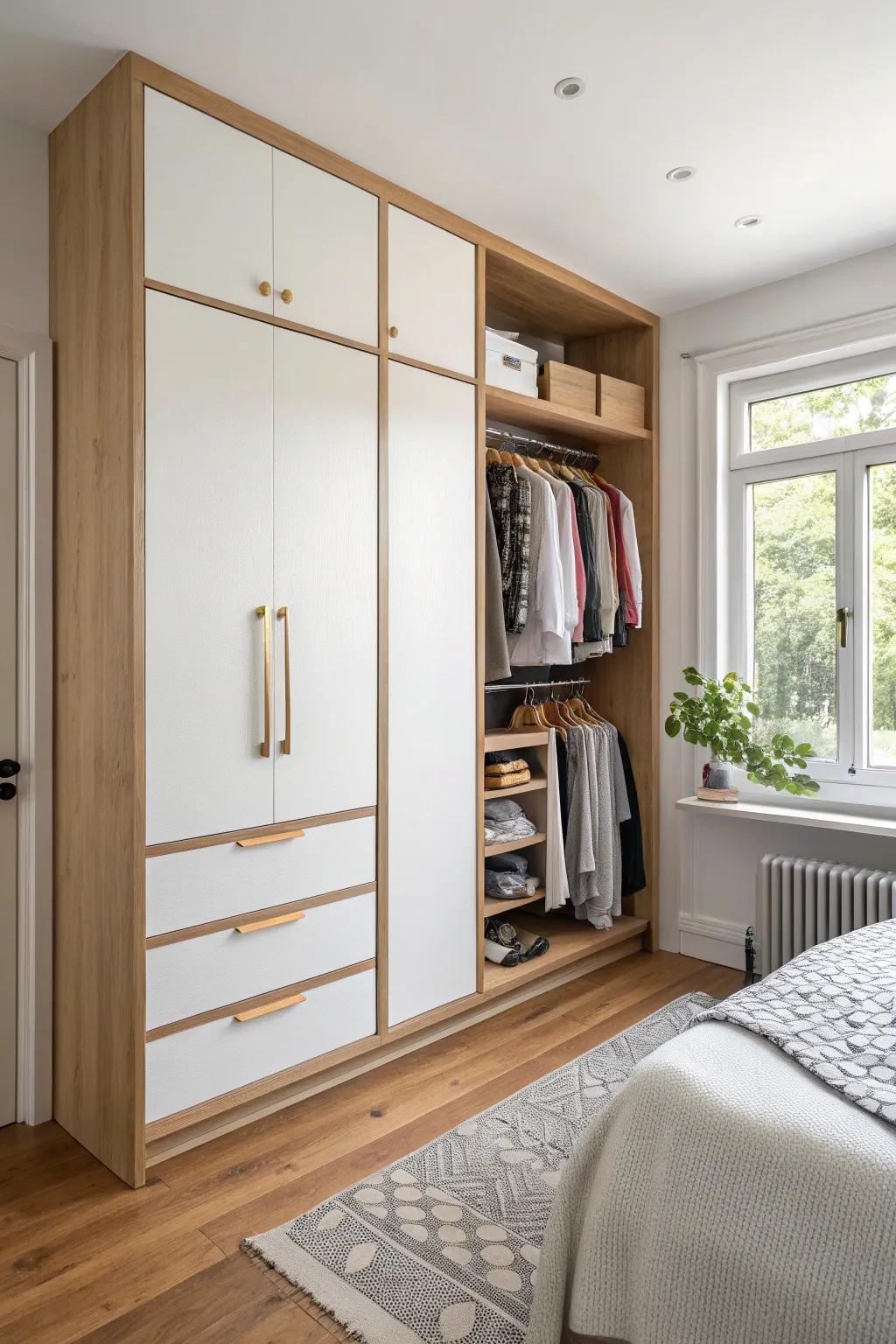 Boutique-style built-in wardrobe wall: light oak, clean lines, and smart storage for small bedrooms.