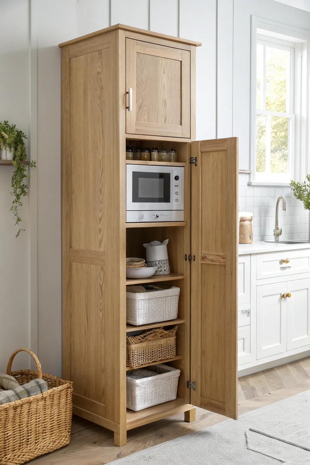 A tall pantry cabinet with a built-in microwave at waist height—clean, calm, and space-smart.