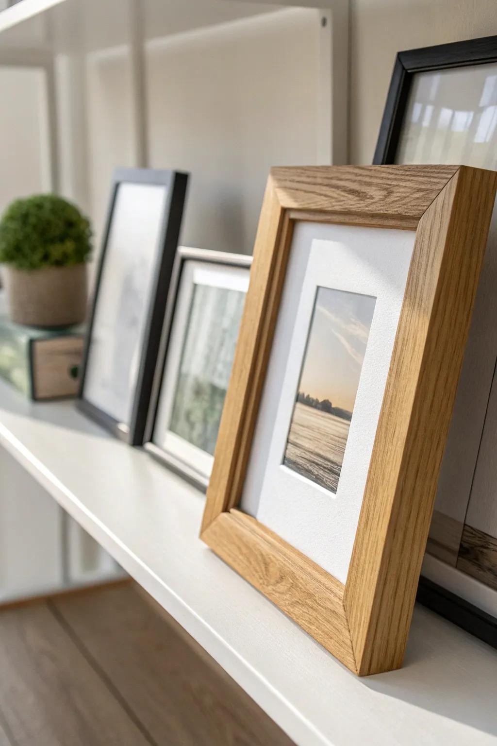 Lean one statement frame at the back of your built-in shelf for instant layered depth.