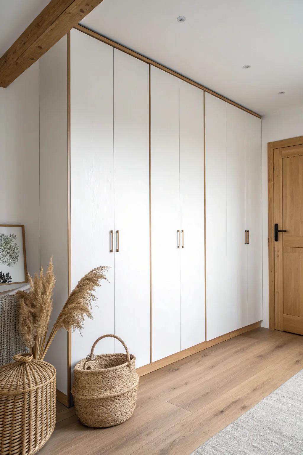 Sleek handleless push-to-open wardrobe doors for a flush, snag-free look in small spaces.