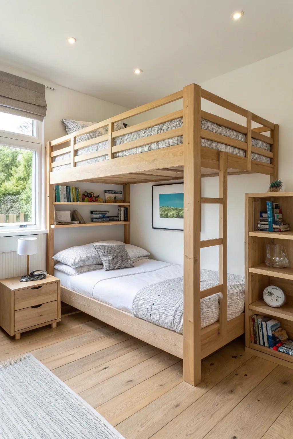 L‑shaped corner bunk in light oak opens the room center—shared elbow shelf for books and water.