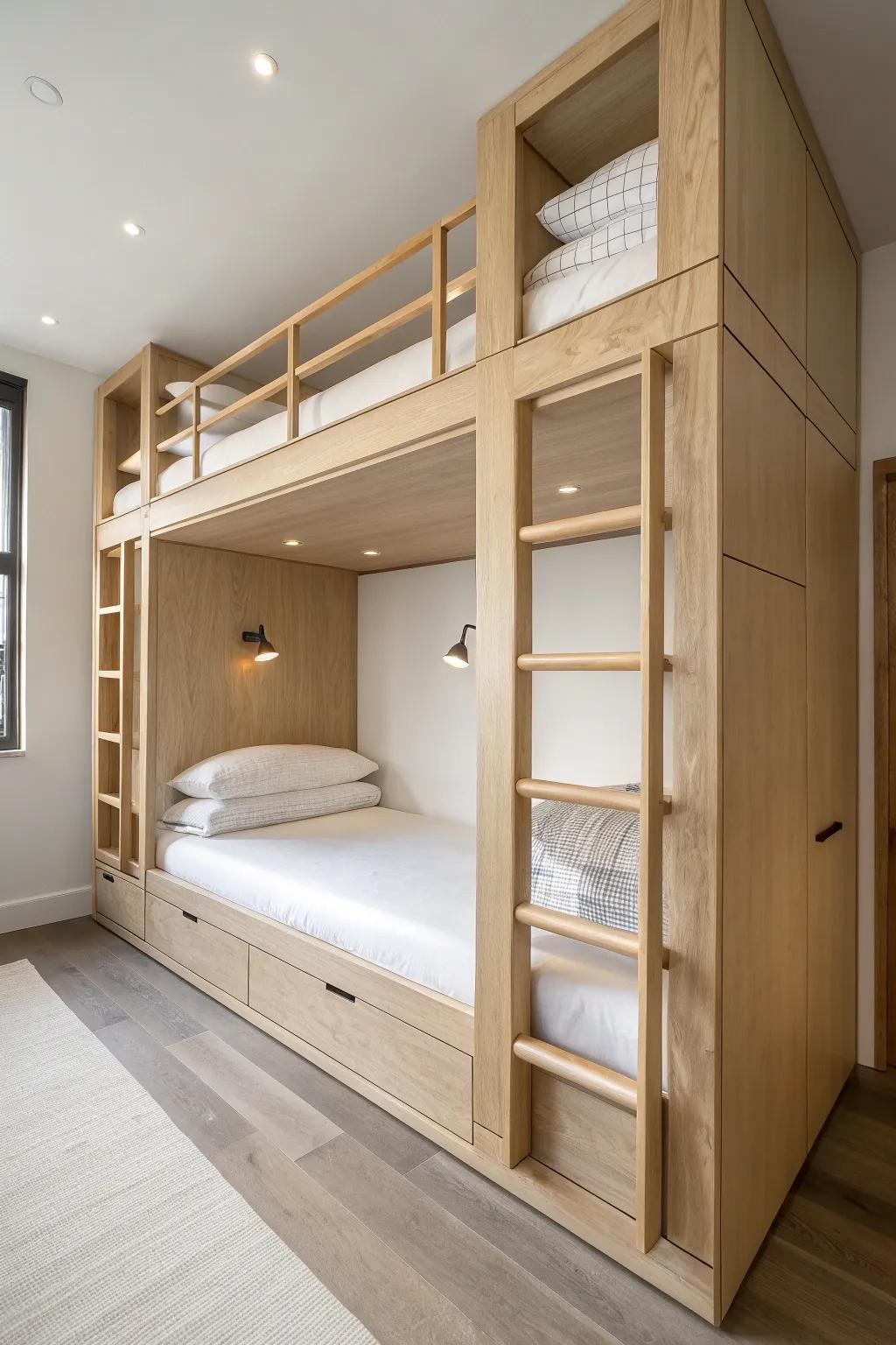 Symmetrical double bunk wall in warm oak—adult-friendly, serene, and space-smart for small spaces.
