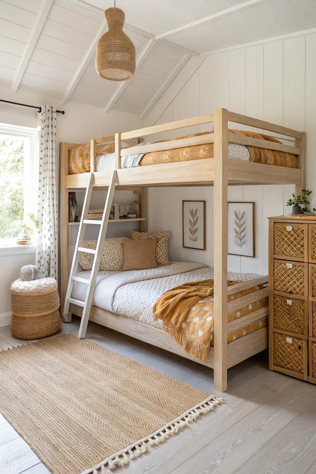 L-shaped corner bunk bed in light oak—opens a cozy middle zone in the smallest rooms.