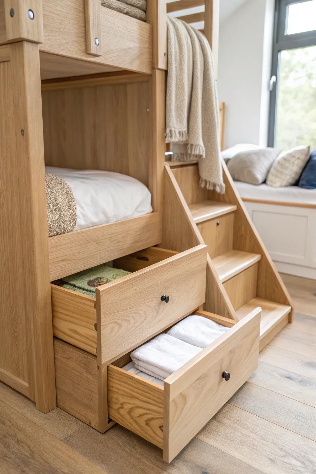 Adult-friendly bunk stairs: sleek oak steps with hidden drawers to stash linens in style.