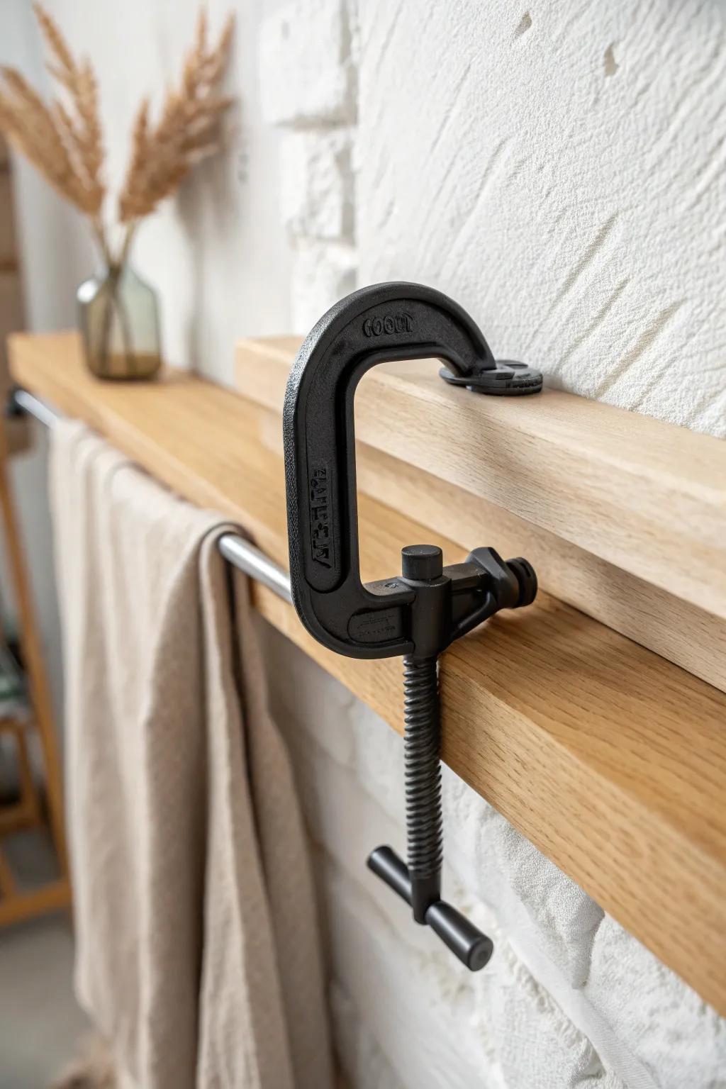 Quick-access C-clamp parking: a sleek clamp-on wall rail that keeps tools tidy in small spaces.