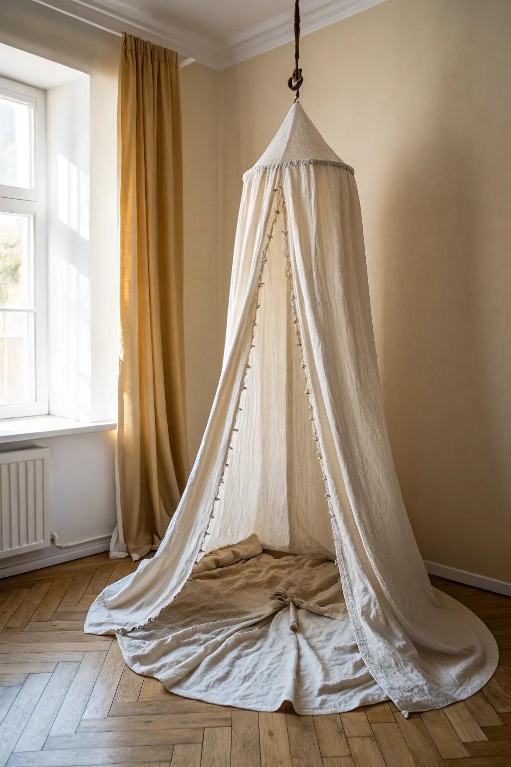 A simple linen canopy instantly turns any corner into a calm, private little hideaway.