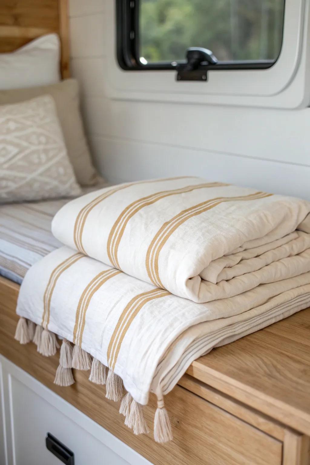 Light linen bedding in soft whites and creams makes a cozy camper nook feel bigger and brighter.