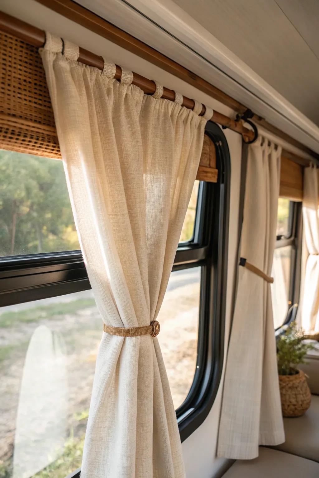 Layer linen curtains over factory shades for softer light and a cozy, polished camper look.