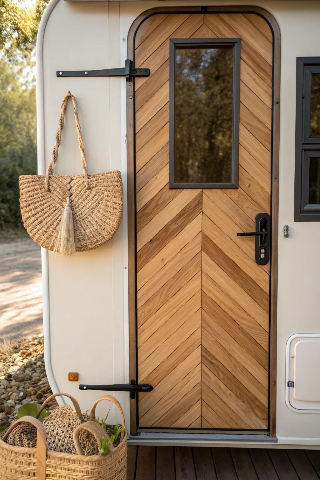 Chevron wood slats turn a camper door into a chic, handcrafted statement—minimal yet cozy.