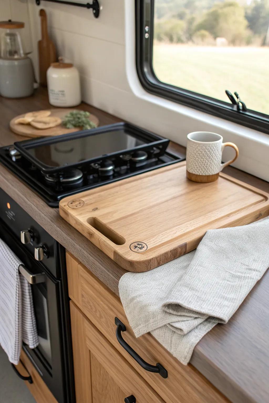 A sleek wooden stovetop cover adds instant counter space in a tiny camper kitchen.