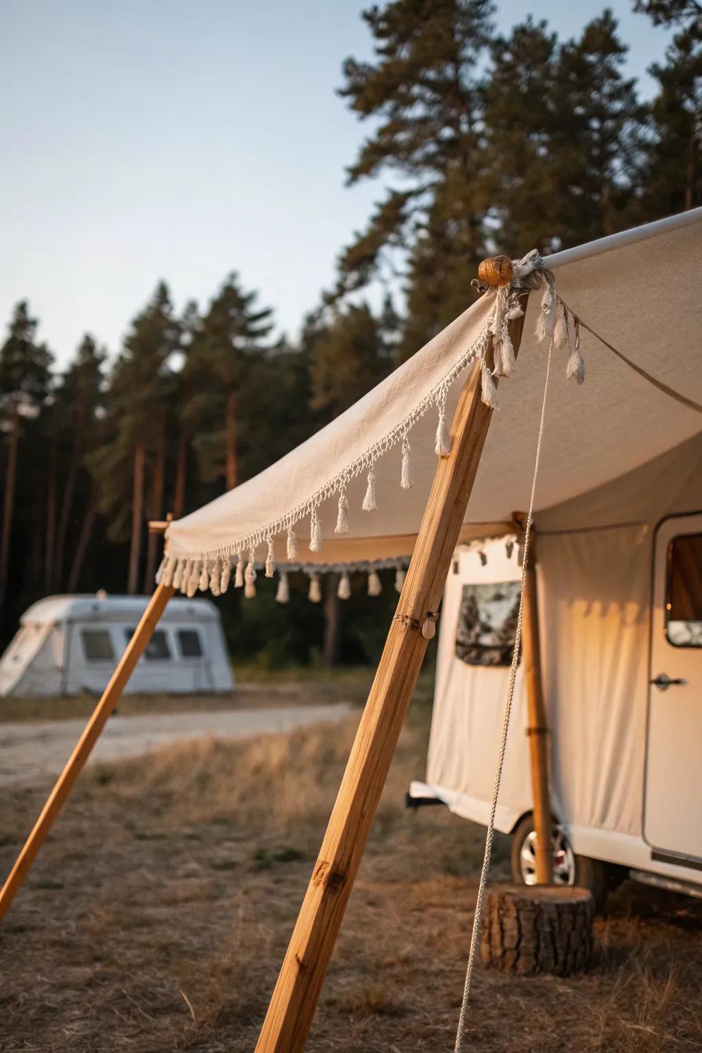 Neutral pop-up canopy shade = more outdoor “square footage” for your cozy camper setup.