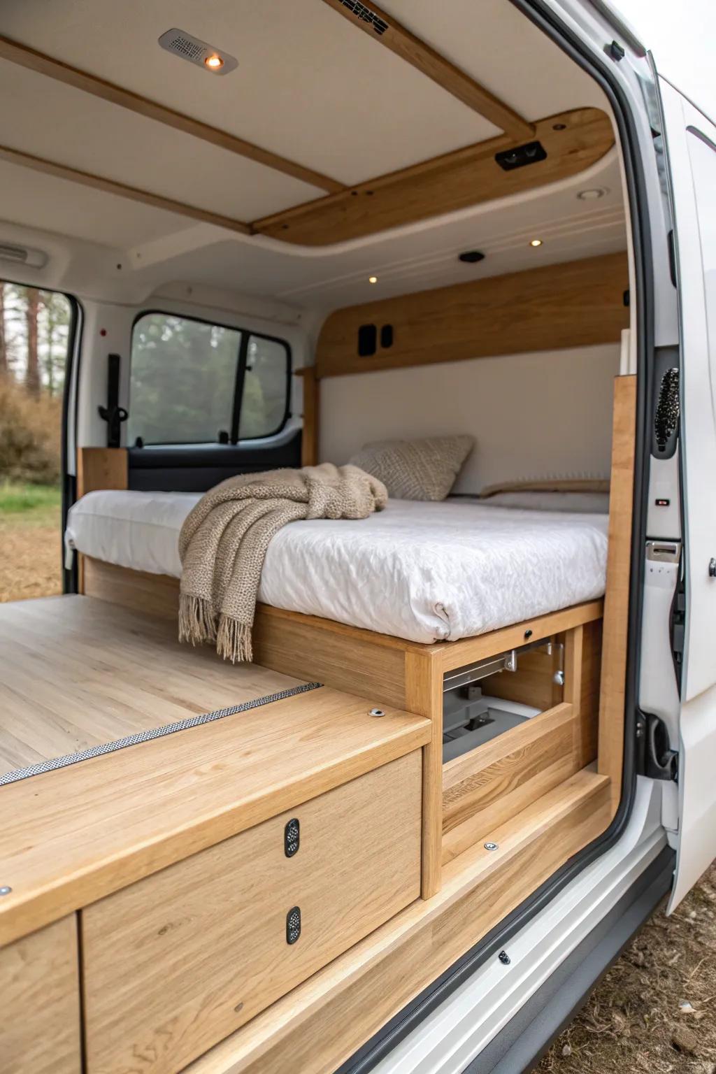 Slide-out bench turns into a comfy bed—Scandi clean lines with a soft boho touch.