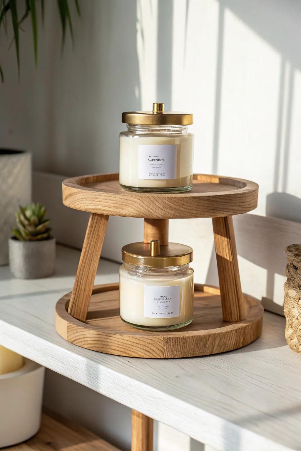 Tiered risers turn deep shelves into a boutique-style candle display—labels and lids stay visible.