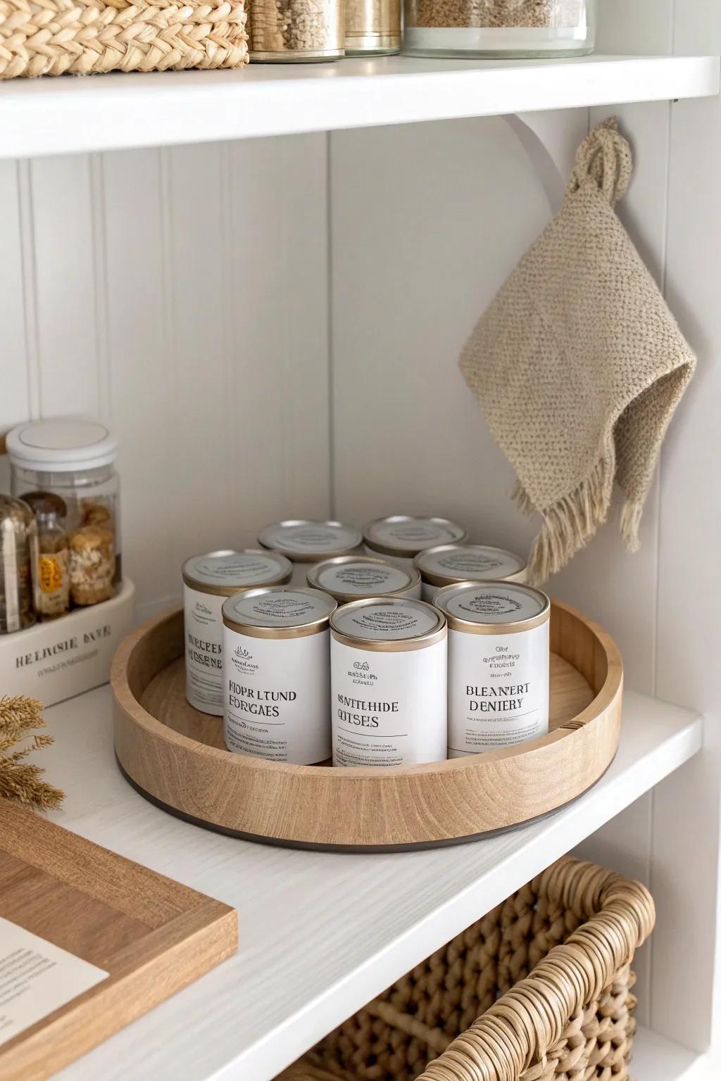 Turn pantry corners into usable space: an oak lazy Susan keeps heavy cans visible and pretty.