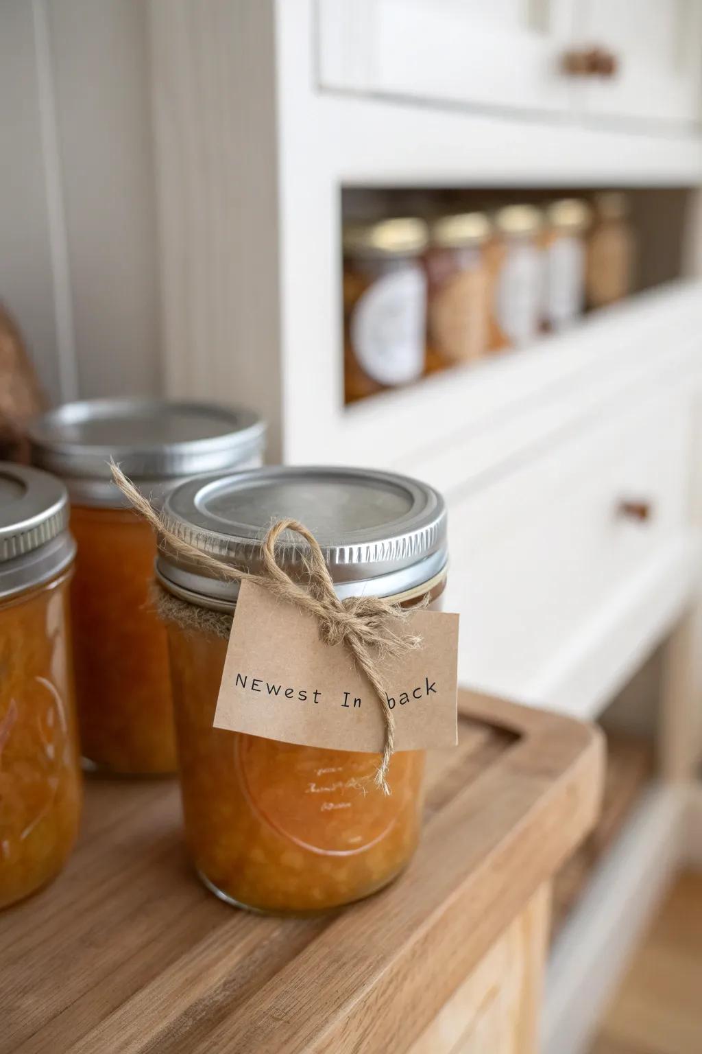 Front-row rotation: slide newest jars to the back so every batch gets used on time.