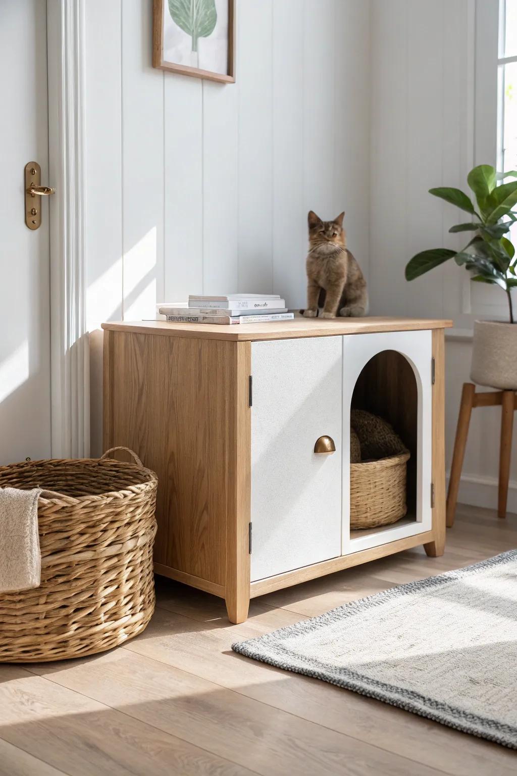 A sleek oak cabinet hides the litter box—entryway looks calm, polished, and spacious.