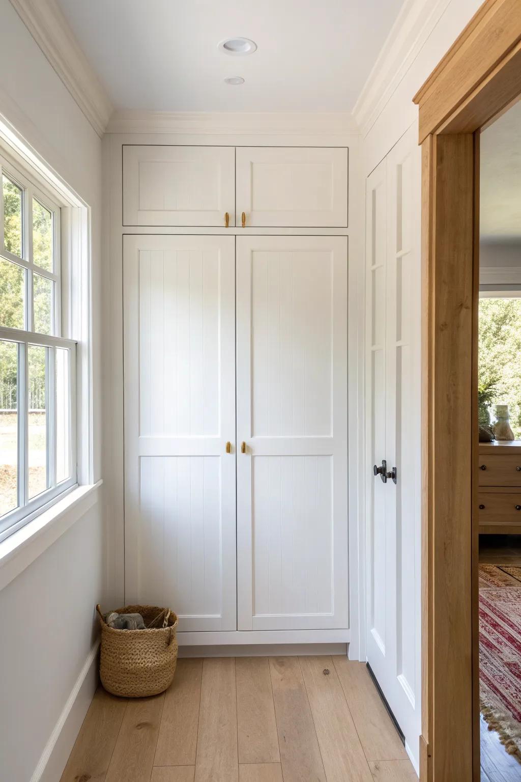 Ceiling-high closed cabinets keep tiny entries calm—stash seasonal clutter out of sight.
