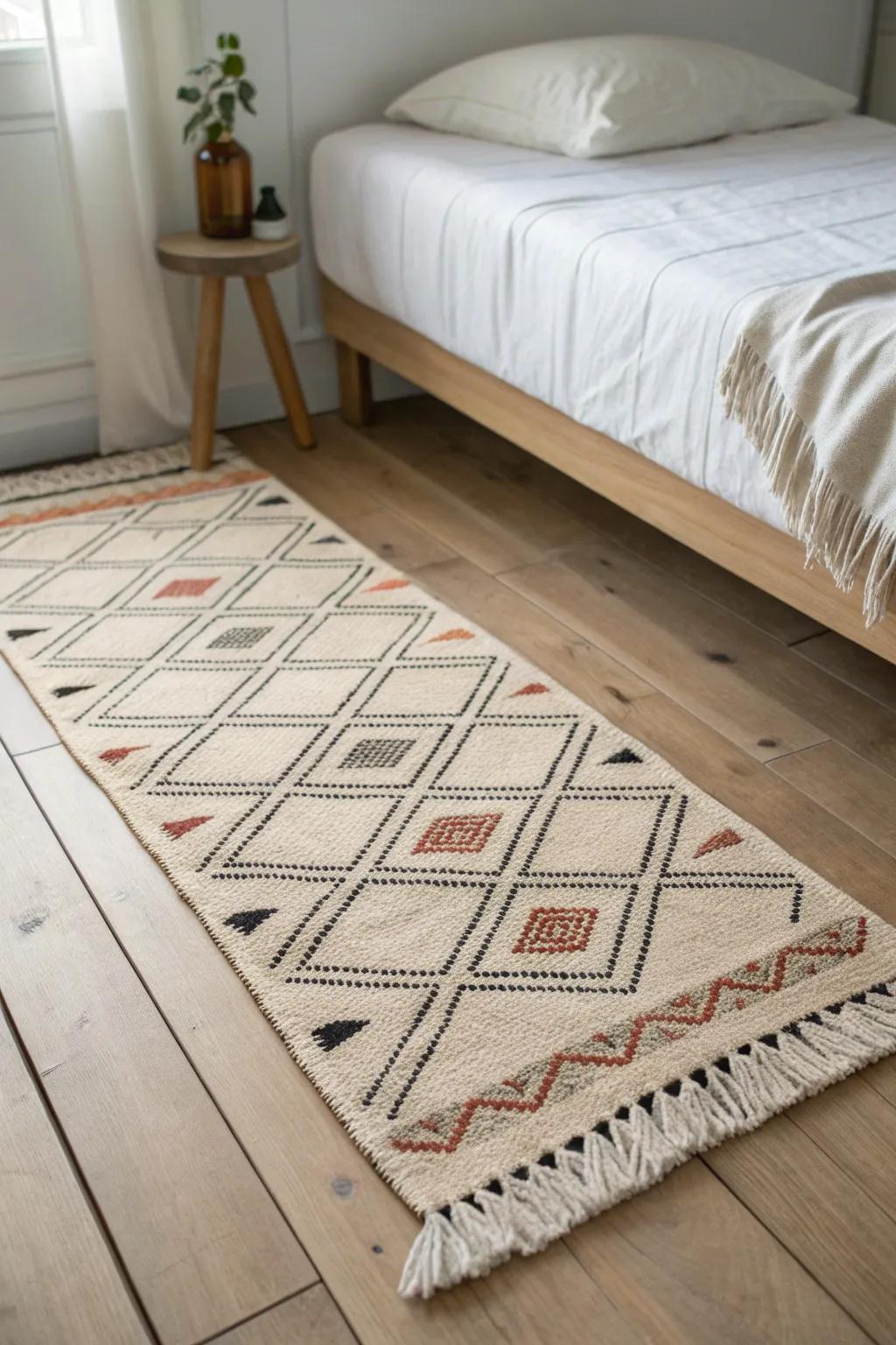 A budget runner rug instantly defines your sleep zone—simple, cozy, and studio-chic.