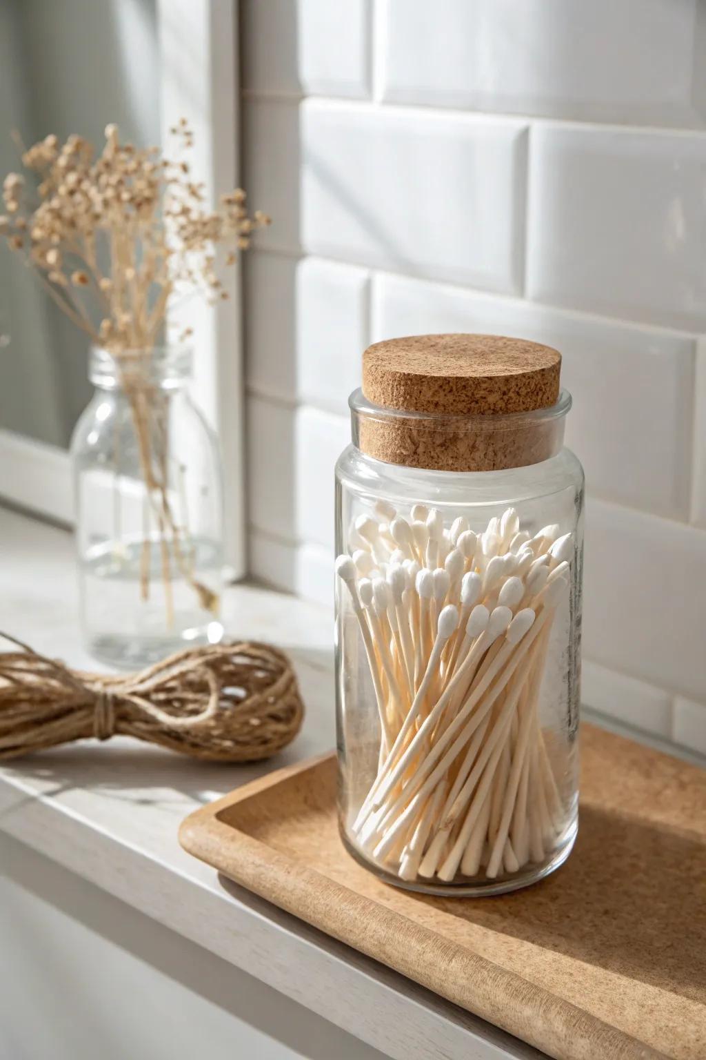 A pretty recycled glass jar keeps tiny essentials tidy—minimal, calm, and budget-friendly.