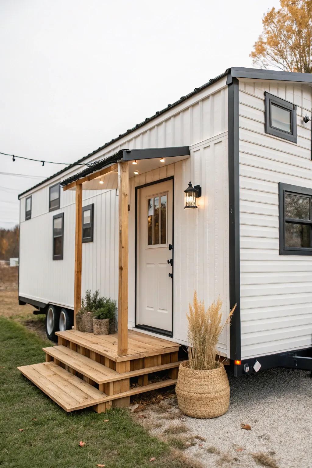 Budget-friendly manufactured home glow-up: fresh paint, peel-and-stick floors, simple porch skirt.