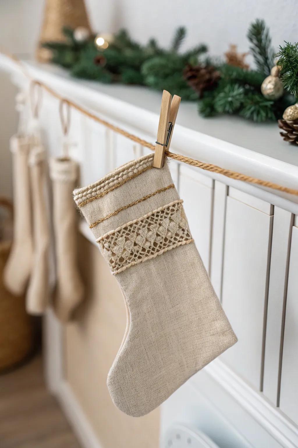 A tiny linen stocking on the cubicle divider—festive, space-saving, and quietly cozy.