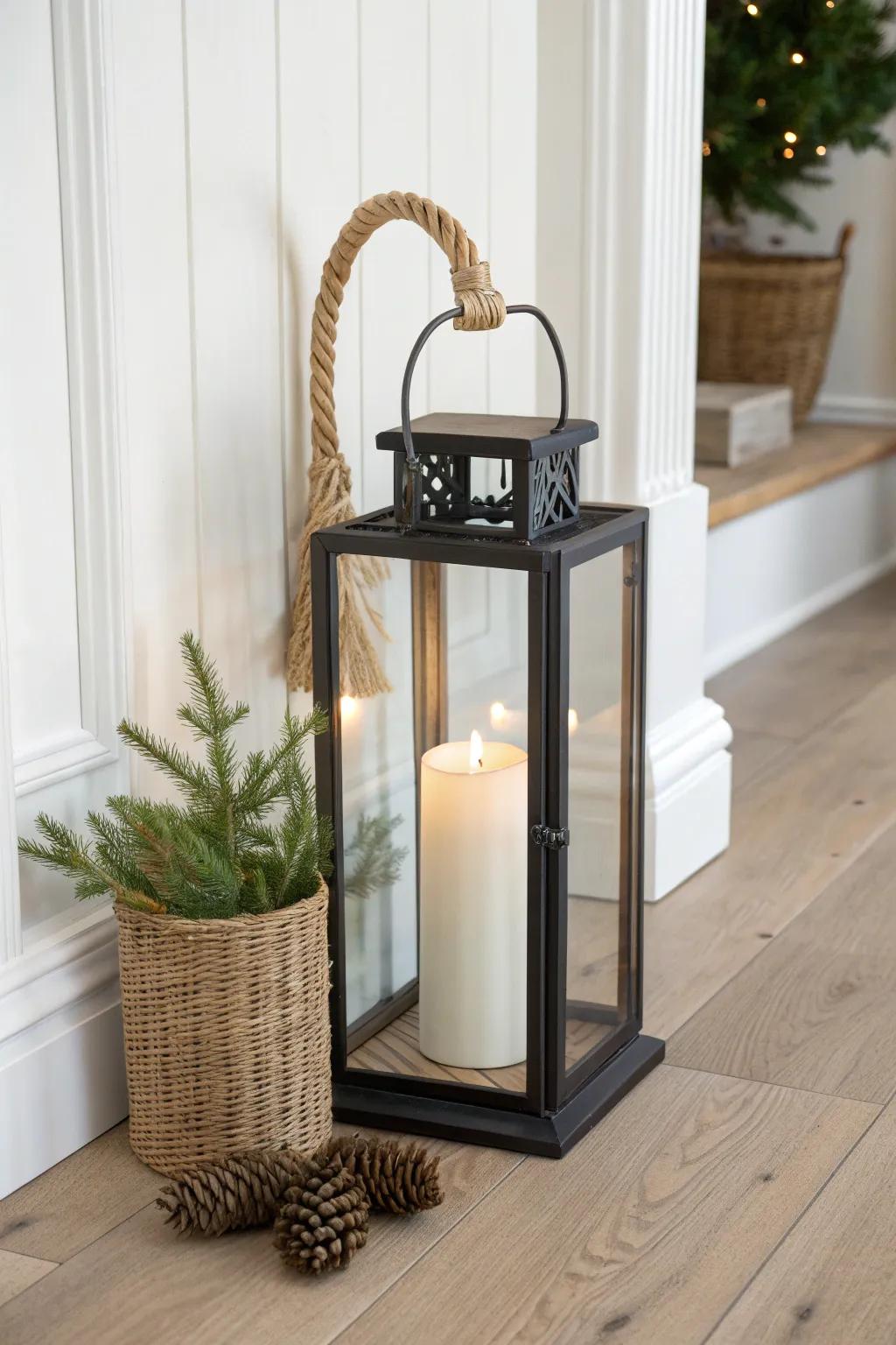 A warm-glow lantern tucked by the wall for a chic Christmas hallway—cozy, safe, and slim.