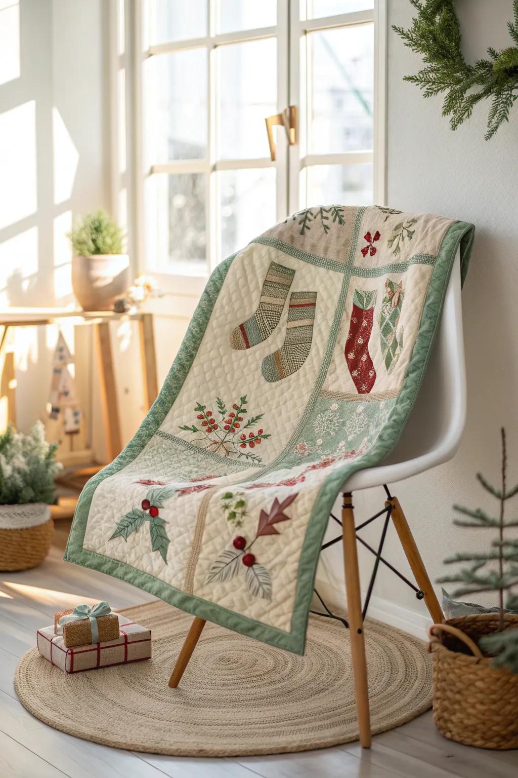 Add a touch of playful elegance to your holiday decor with this charming stockings and presents quilt pattern.