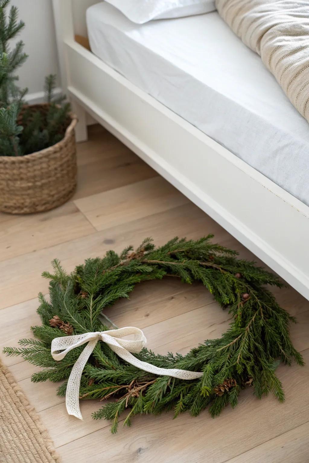 Roll garland loose, tie with linen, and slide it under the bed to keep it long and lush.