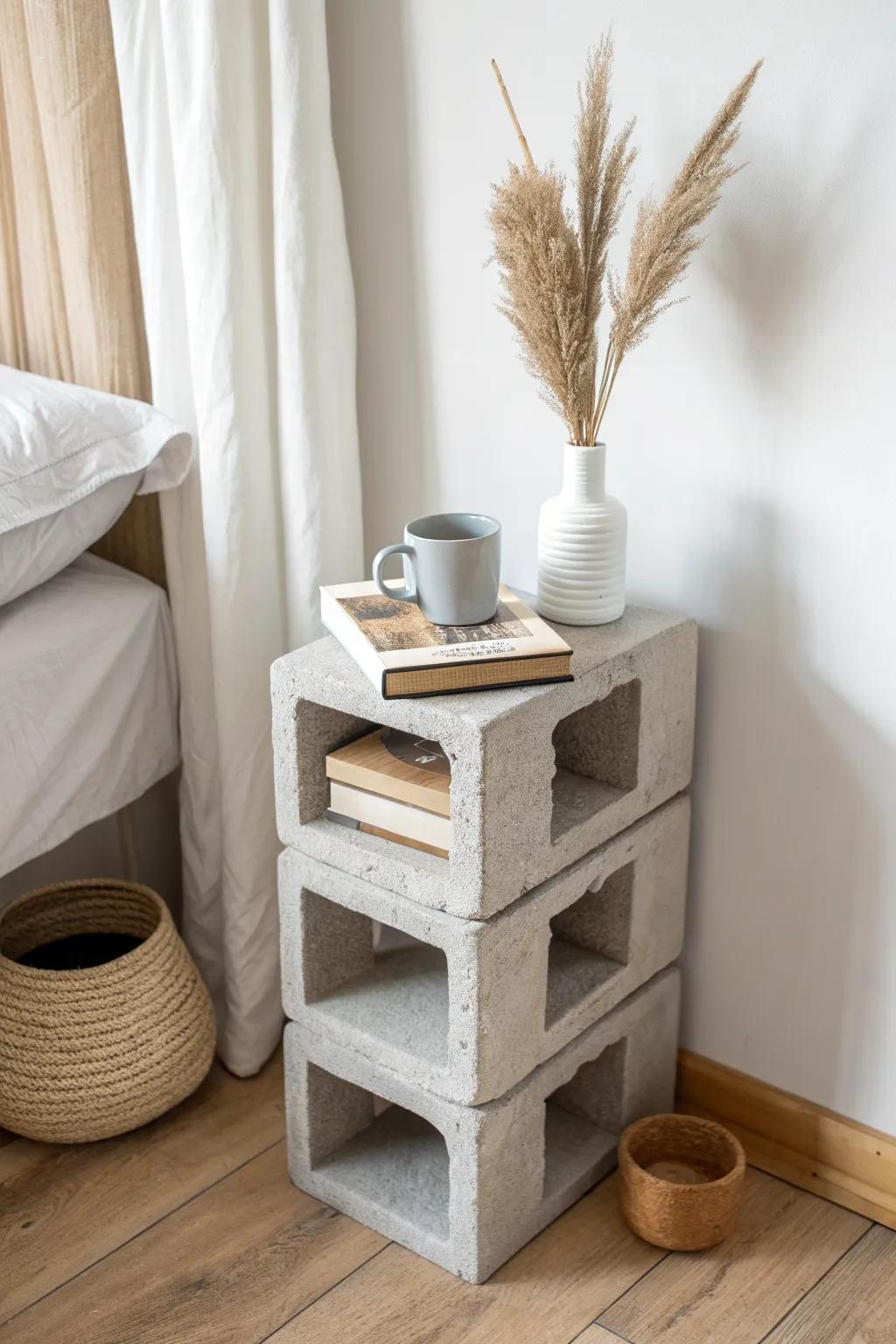 Tiny-space calm: a cinder block nightstand with built-in book cubbies and soft boho texture.