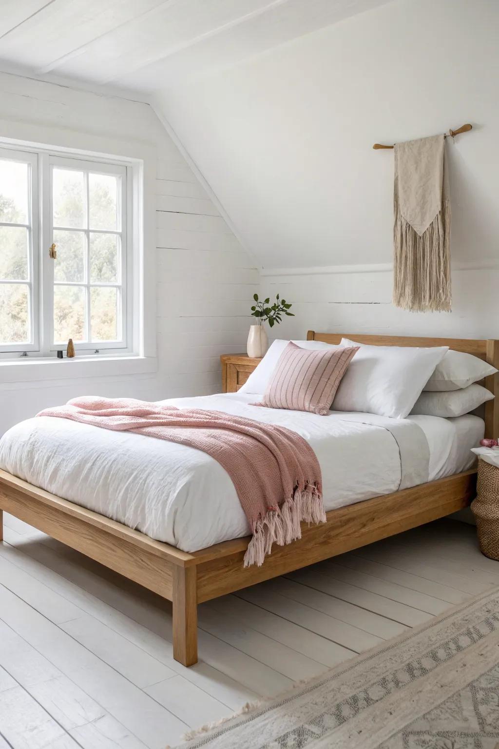 Neutral linens + one blush accent keeps a small bedroom looking bright, airy, and effortlessly clean.
