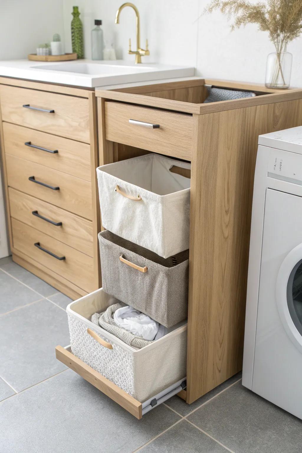 Pull-out hamper drawer with built-in sort bins—zero floor clutter in a narrow utility room.