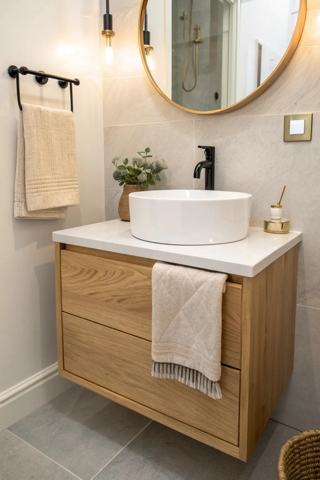 A floating vanity keeps the floor visible, making the cloakroom feel instantly bigger.