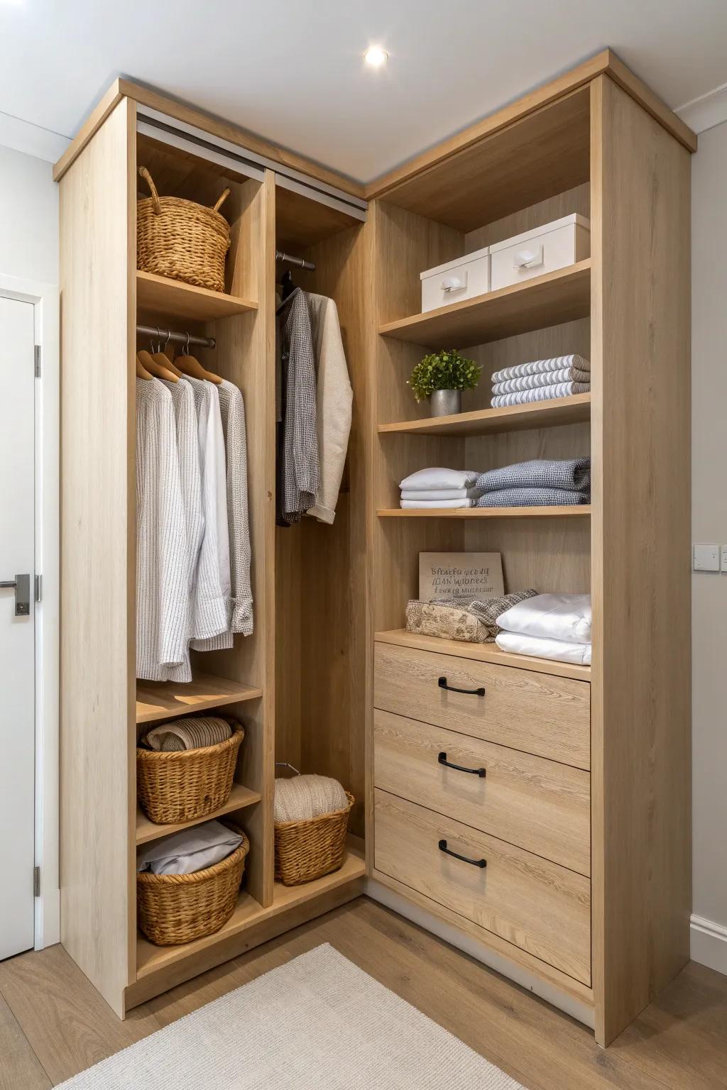 Turn dead corners into storage with a wraparound corner closet cabinet—clean, calm, and crafted.