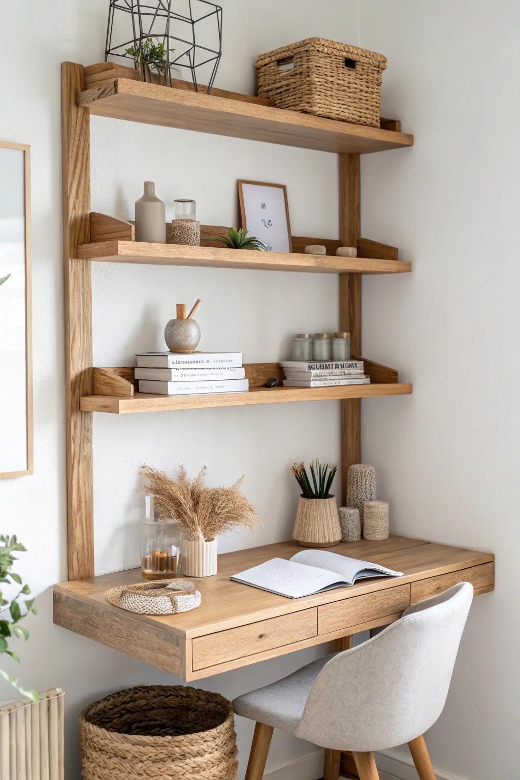 Stacked shelves above a closet desk keep essentials up high—pretty, airy, and practical.