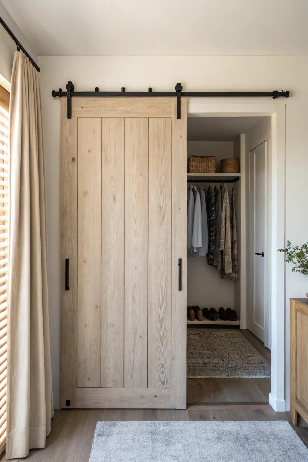 Space-saving barn-style sliding closet door—light wood + black rail for a clean, cozy hallway.