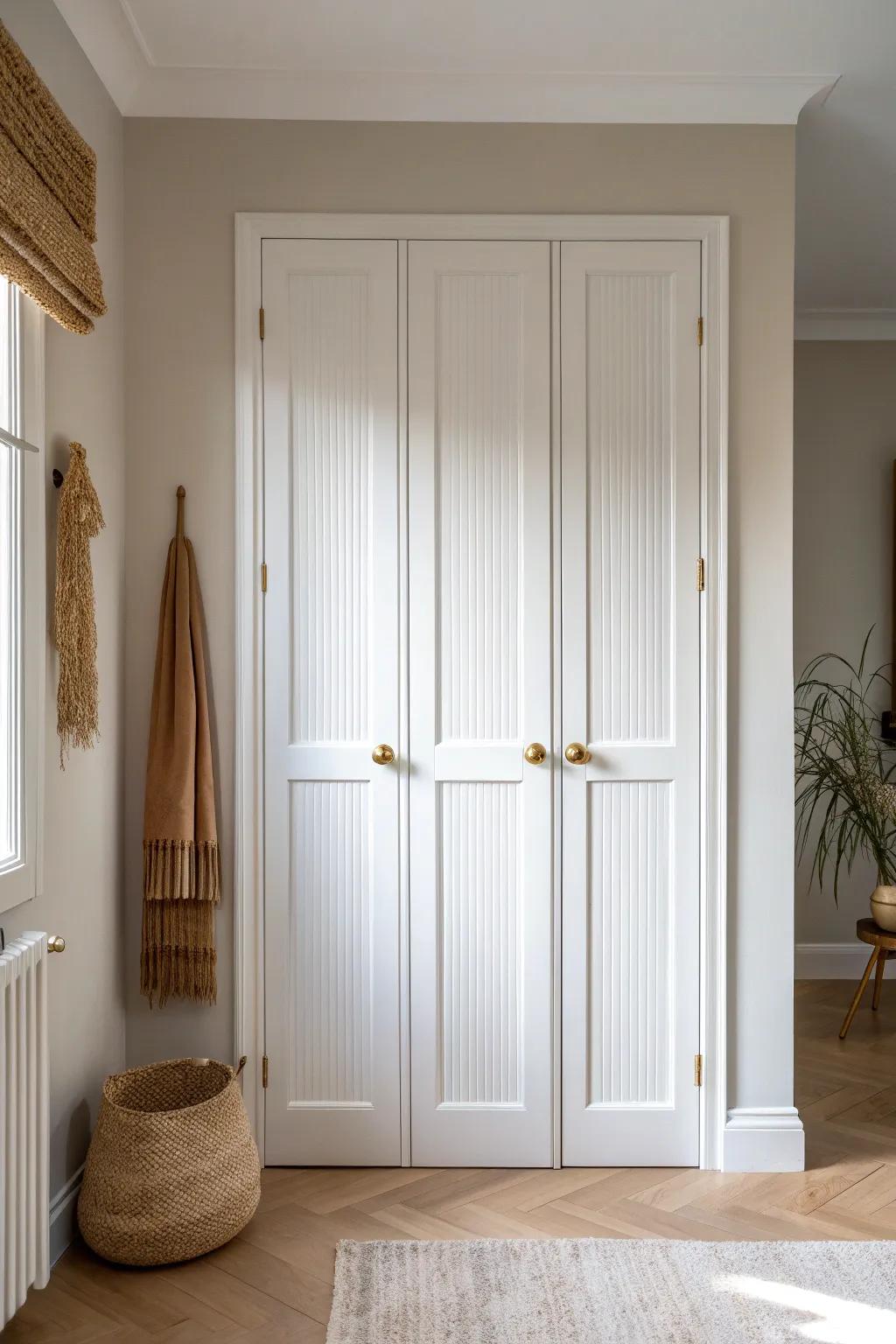 French closet doors open wide for full access—classic style that saves space beautifully.