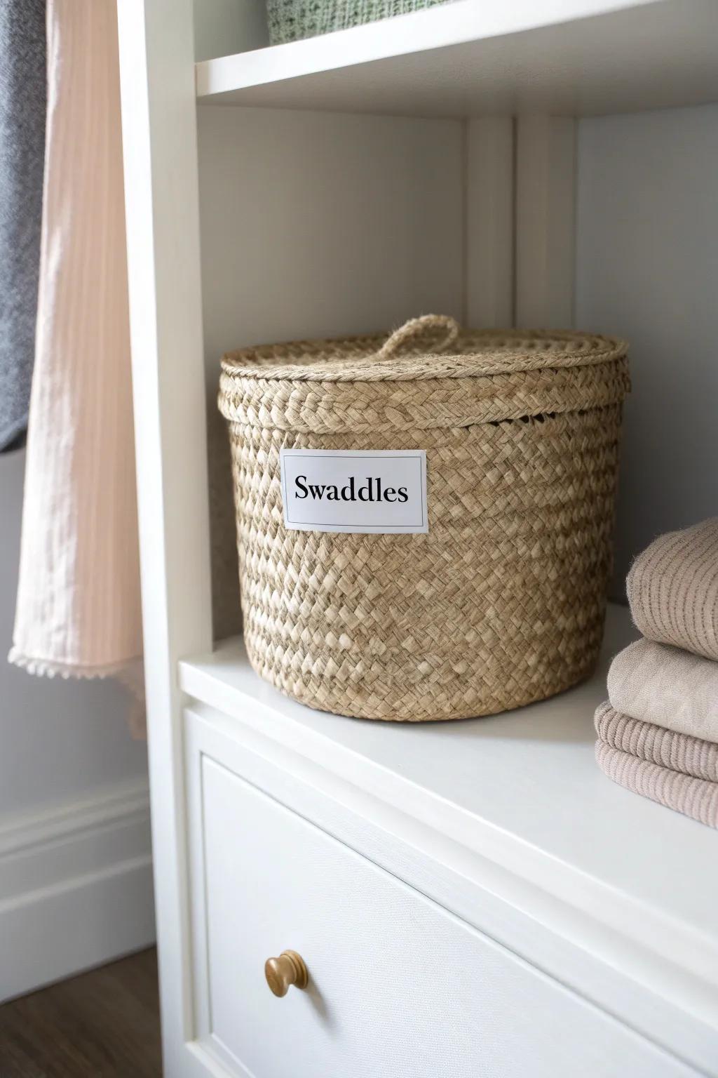 Labeled bins keep closet nurseries calm—grab swaddles fast, even in sleepy moments.