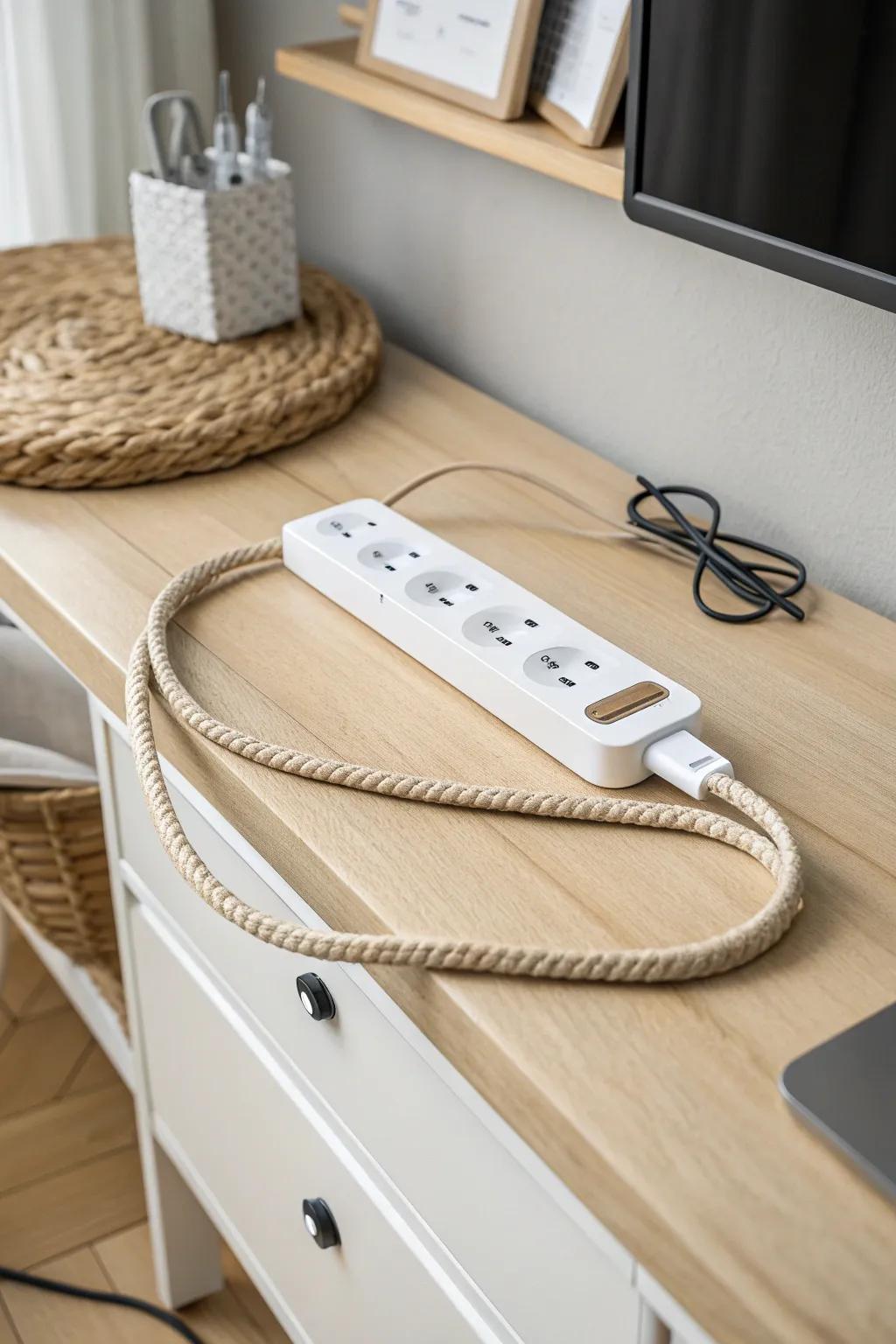 A sleek power strip instantly calms a cloffice—plug-friendly, tidy, and photo-ready.