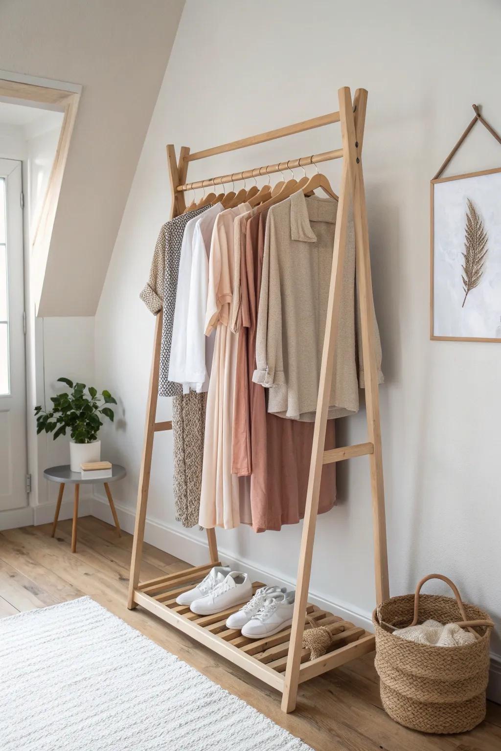 Color-block your hanging clothes by shade for an instantly curated, boutique-style open wardrobe.