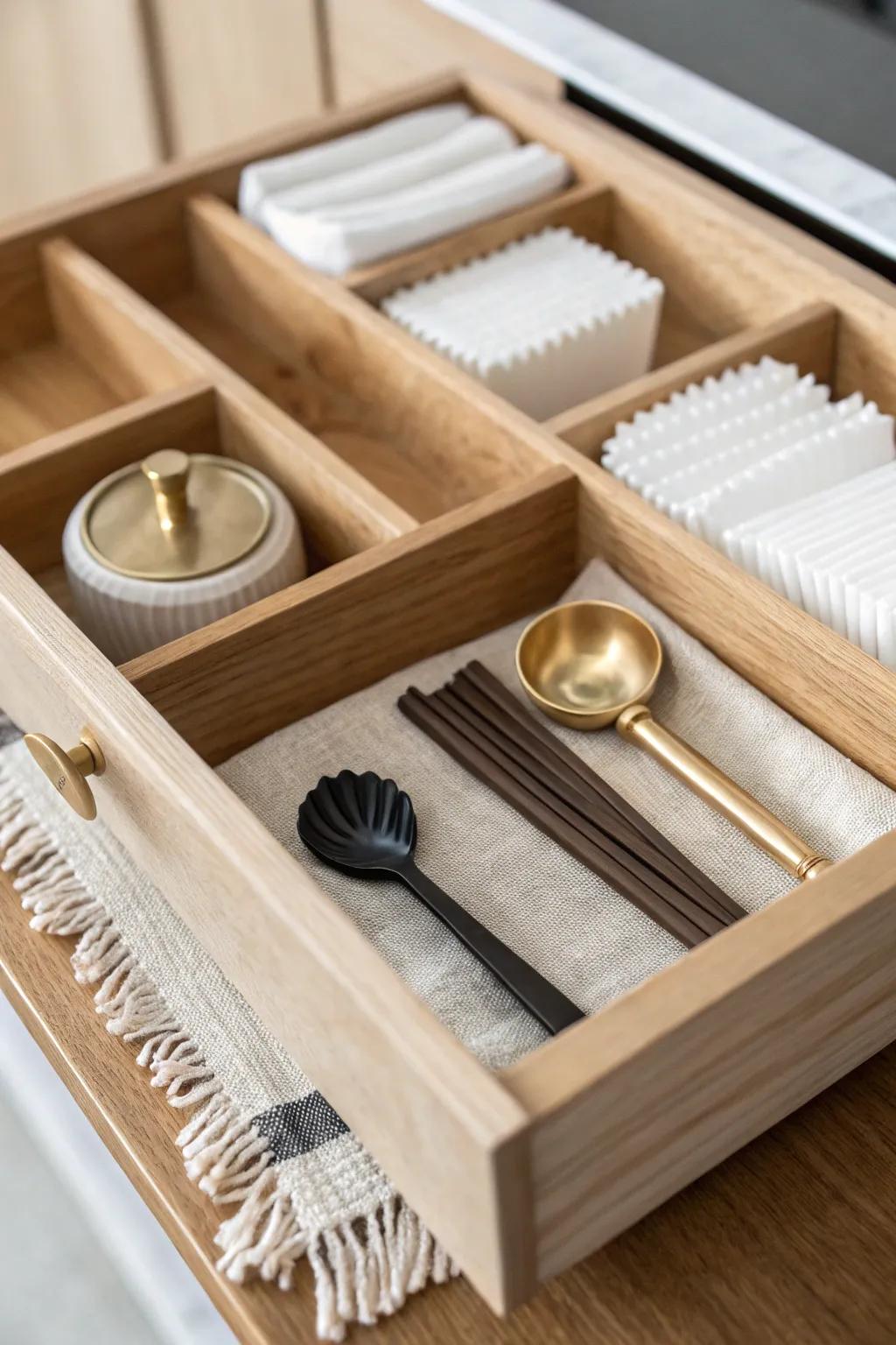Add drawer dividers to keep scoops, filters, and spoons tidy—no more sticky tools!