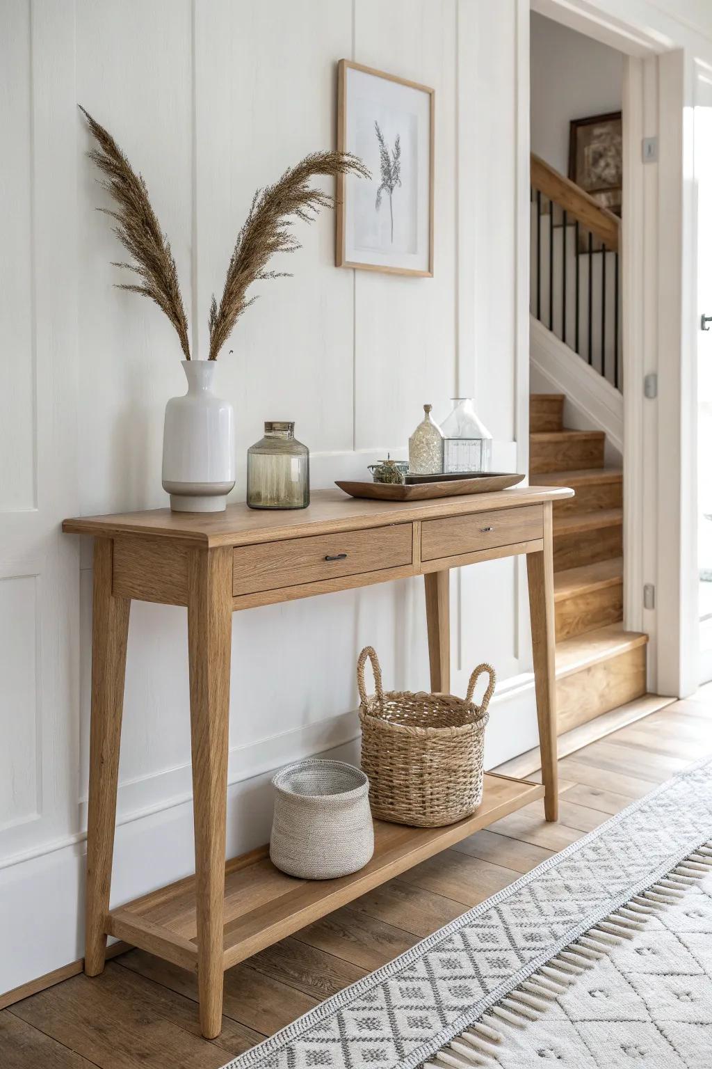 A skinny hallway console becomes a calm coffee ritual station—minimal, tidy, and inviting.