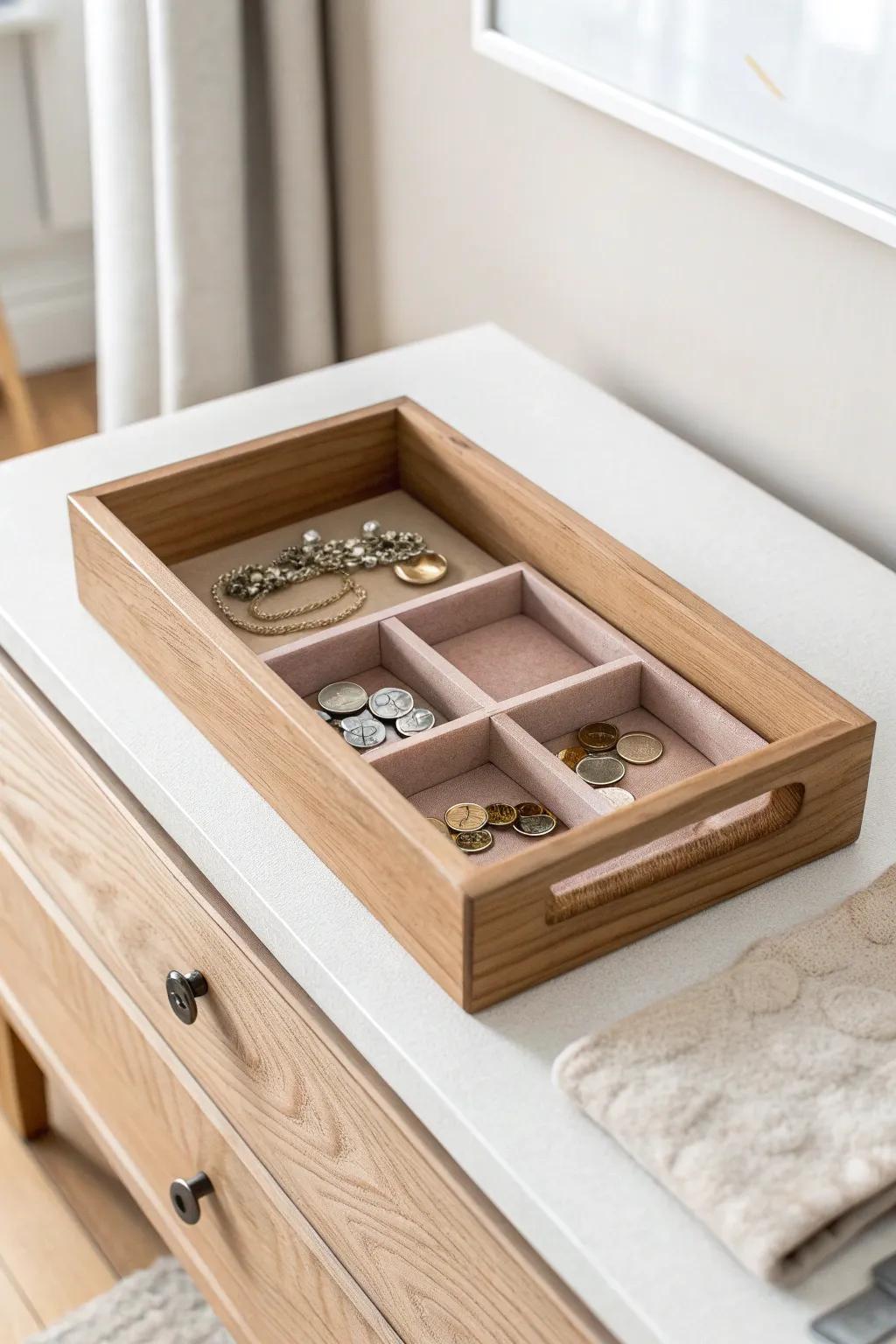 A felt-lined drawer tray gives coins a calm “home” while protecting surfaces in style.
