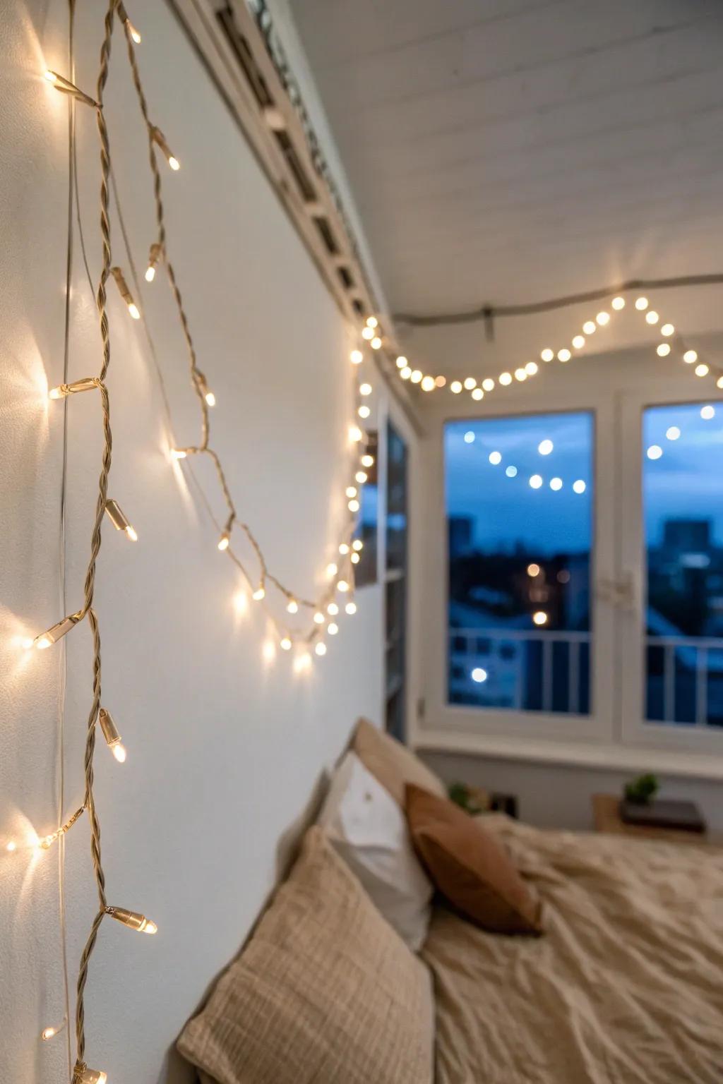 Warm string lights along the ceiling add instant softness—and make tiny bedrooms photo-ready.